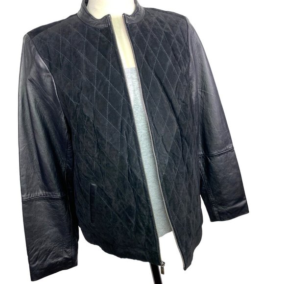 Denim&Co Jackets & Blazers - Denim & Co. patchwork black leather suede quilted short jacket full zip Lg
